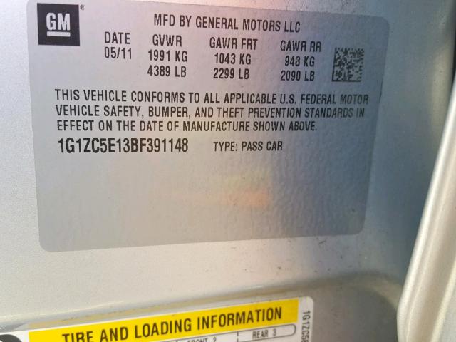 1G1ZC5E13BF391148 - 2011 CHEVROLET MALIBU 1LT 银色 照片 10