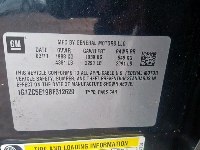 1G1ZC5E19BF312629 - 2011 CHEVROLET MALIBU 1LT შავი ფოტო 10