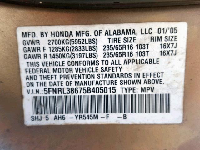 5FNRL38675B405015 - 2005 HONDA ODYSSEY EX GOLD photo 10