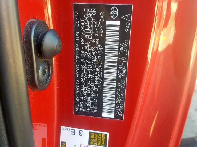 JTKJF5C70F3091747 - 2015 TOYOTA SCION TC წითელი ფოტო 10