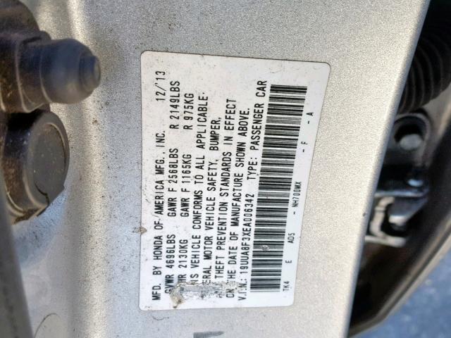 19UUA8F3XEA006342 - 2014 ACURA TL SE SILVER photo 10