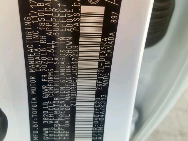 2T1BURHE7JC017239 - 2018 TOYOTA COROLLA L თეთრი ფოტო 10