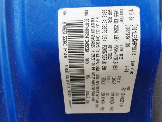 3C4FY48B54T349230 - 2004 CHRYSLER PT CRUISER BLUE photo 10