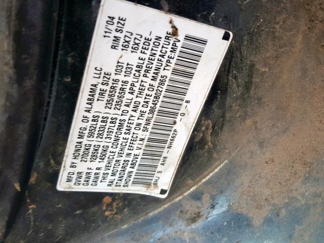 5FNRL38645B027865 - 2005 HONDA ODYSSEY EX GRAY photo 10