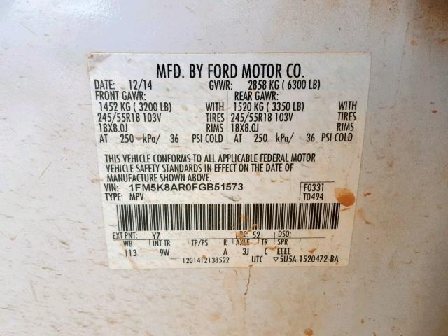 1FM5K8AR0FGB51573 - 2015 FORD EXPLORER P WHITE photo 10