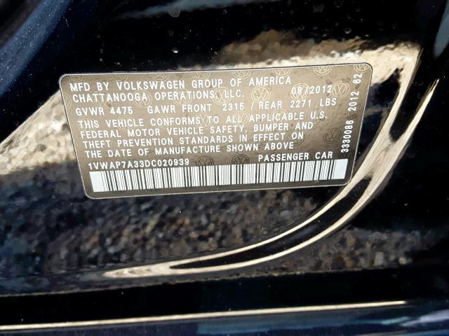 1VWAP7A33DC020939 - 2013 VOLKSWAGEN PASSAT S BLACK photo 10