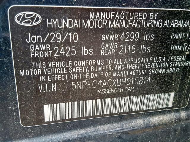 5NPEC4ACXBH010814 - 2011 HYUNDAI SONATA SE ლურჯი ფოტო 10