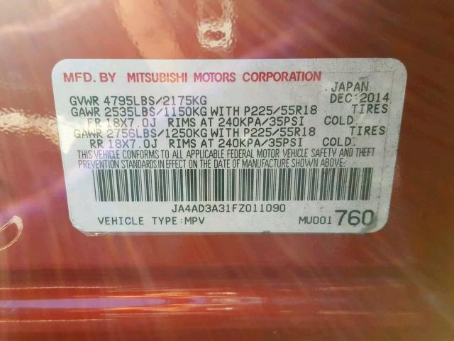 JA4AD3A31FZ011090 - 2015 MITSUBISHI OUTLANDER RED photo 10