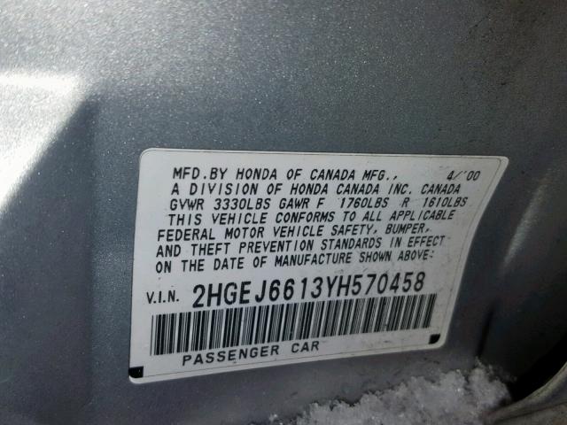 2HGEJ6613YH570458 - 2000 HONDA CIVIC BASE SILVER photo 10