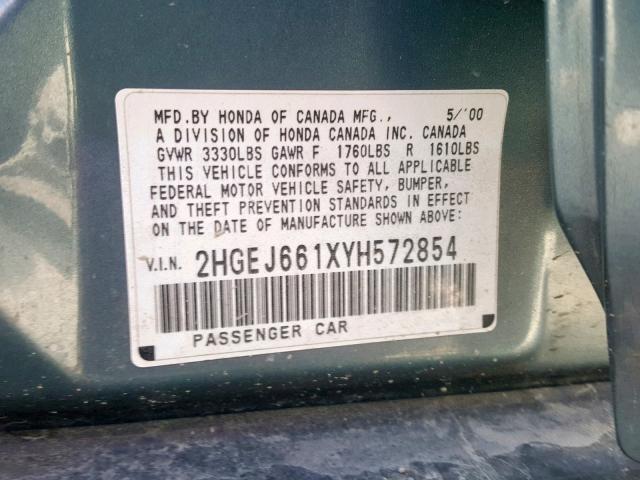 2HGEJ661XYH572854 - 2000 HONDA CIVIC BASE GREEN photo 10