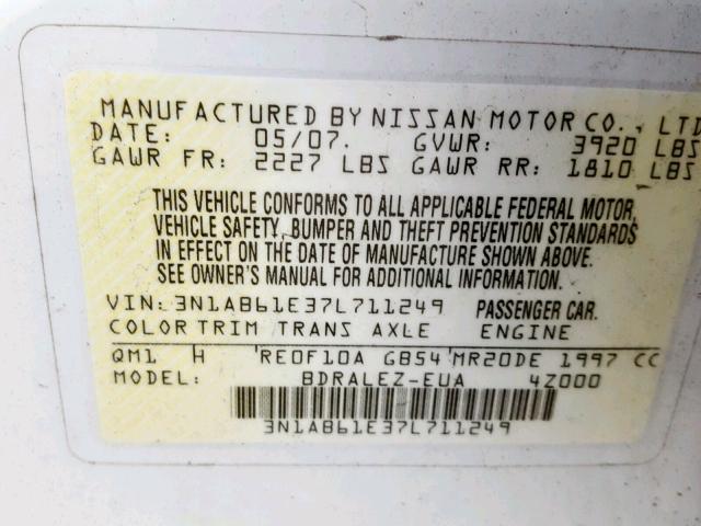 3N1AB61E37L711249 - 2007 NISSAN SENTRA 2.0 WHITE photo 10