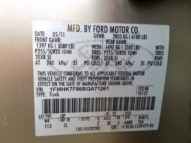 1FMHK7F86BGA71261 - 2011 FORD EXPLORER L GOLD photo 10