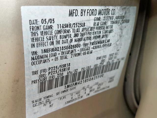 1MEFM42185G625500 - 2005 MERCURY MONTEGO PR 金色 照片 10