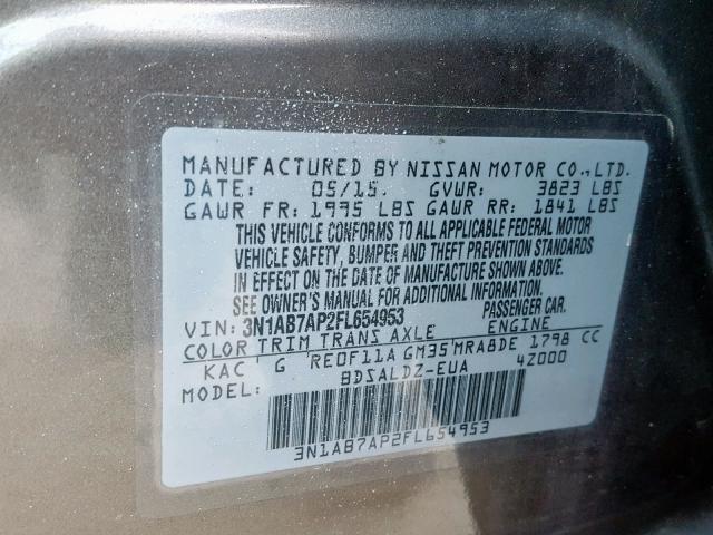 3N1AB7AP2FL654953 - 2015 NISSAN SENTRA S SILVER photo 10