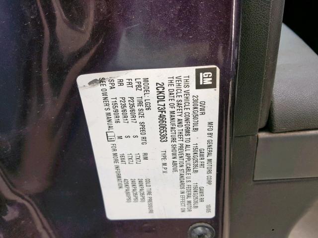 2CKDL73F466065363 - 2006 PONTIAC TORRENT PURPLE photo 10