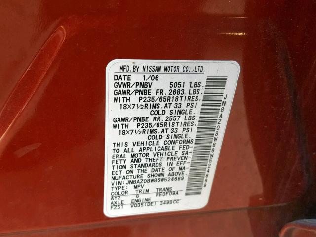 JN8AZ08W86W524669 - 2006 NISSAN MURANO SL RED photo 10