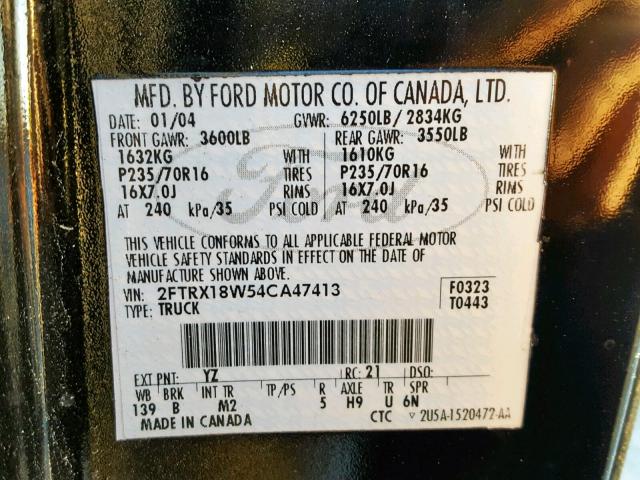 2FTRX18W54CA47413 - 2004 FORD F-150 HERI BLACK photo 10