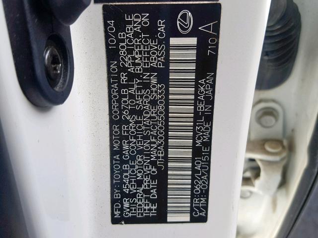 JTHBA30G055080333 - 2005 LEXUS ES 330 WHITE photo 10