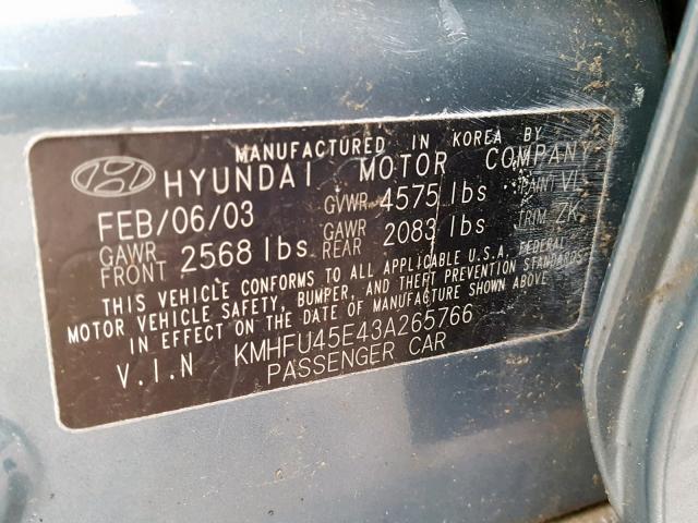 KMHFU45E43A265766 - 2003 HYUNDAI XG 350 BLUE photo 10