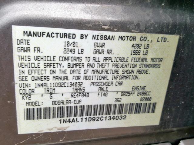 1N4AL11D92C134032 - 2002 NISSAN ALTIMA BAS TAN photo 10