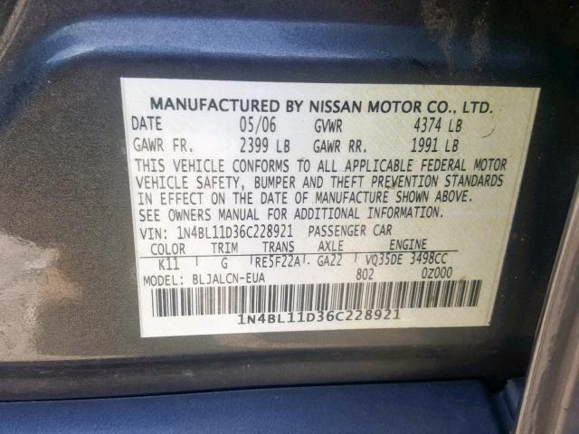 1N4BL11D36C228921 - 2006 NISSAN ALTIMA SE CHARCOAL photo 10