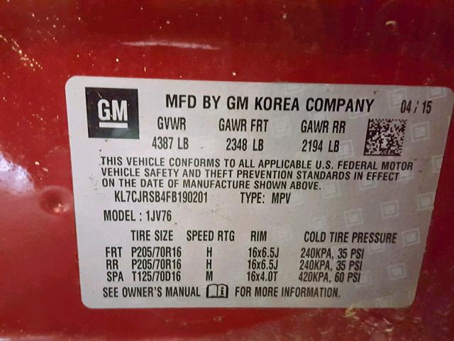 KL7CJRSB4FB190201 - 2015 CHEVROLET TRAX 1LT 红色 照片 10