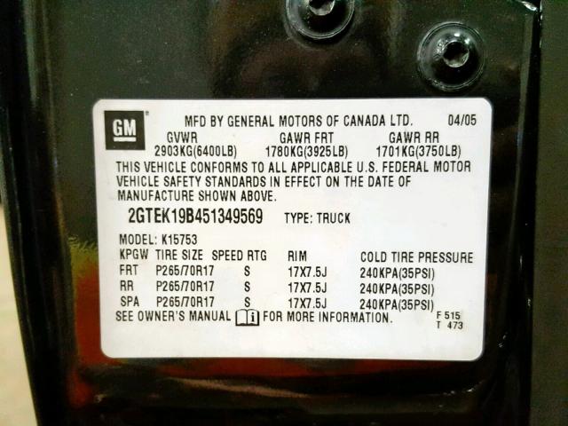 2GTEK19B451349569 - 2005 GMC NEW SIERRA CHARCOAL photo 10