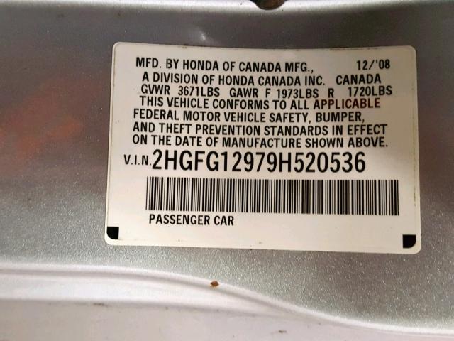 2HGFG12979H520536 - 2009 HONDA CIVIC EXL SILVER photo 10