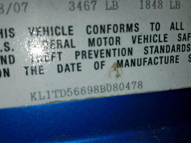 KL1TD56698B080478 - 2008 CHEVROLET AVEO BASE Көк фото 10