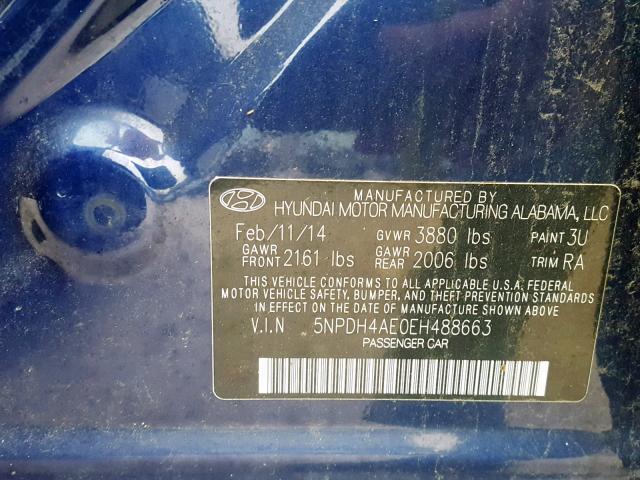 5NPDH4AE0EH488663 - 2014 HYUNDAI ELANTRA SE 蓝色 照片 10