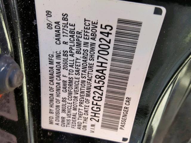 2HGFG2A58AH700245 - 2010 HONDA CIVIC SI BLACK photo 10