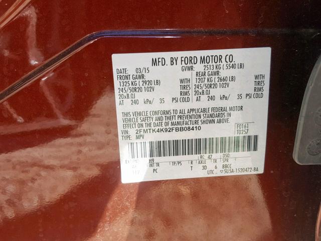 2FMTK4K92FBB08410 - 2015 FORD EDGE TITAN BURGUNDY photo 10