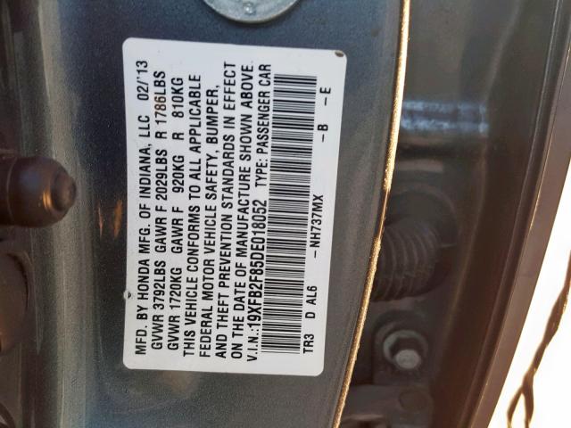 19XFB2F85DE018052 - 2013 HONDA CIVIC EX CHARCOAL photo 10