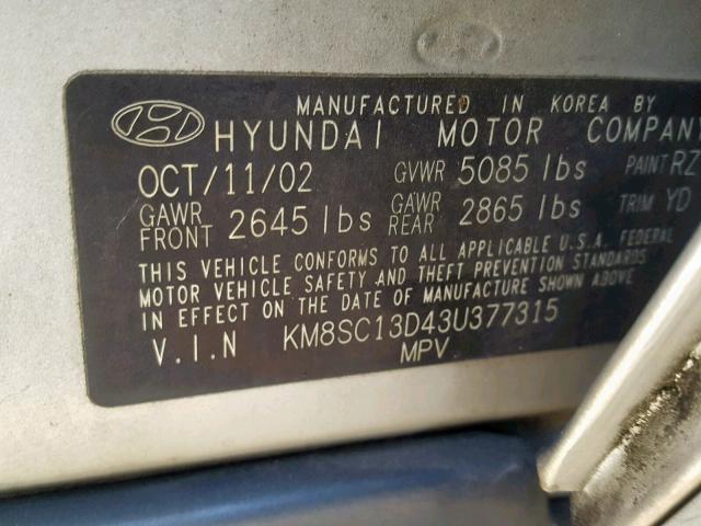 KM8SC13D43U377315 - 2003 HYUNDAI SANTA FE G 银色 照片 10