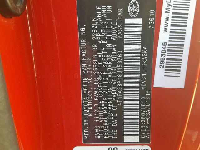 4T1FA38P18U153769 - 2008 TOYOTA CAMRY SOLA RED photo 10