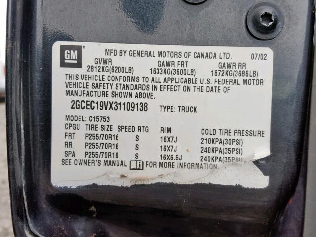 2GCEC19VX31109138 - 2003 CHEVROLET SILVERADO BLACK photo 10