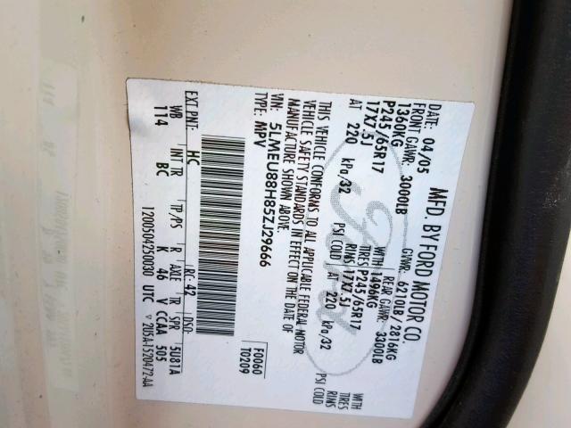 5LMEU88H85ZJ29666 - 2005 LINCOLN AVIATOR 奶油色 照片 10