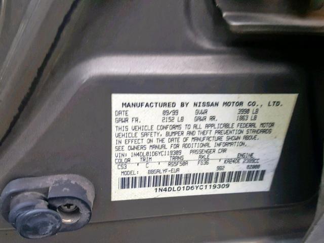 1N4DL01D6YC119309 - 2000 NISSAN ALTIMA XE GOLD photo 10