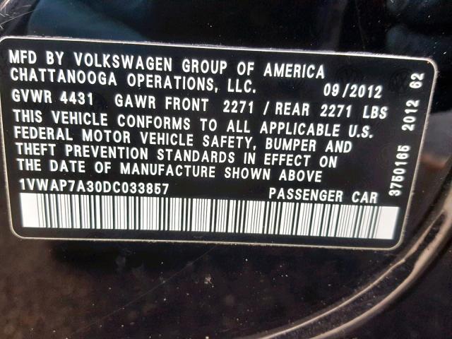 1VWAP7A30DC033857 - 2013 VOLKSWAGEN PASSAT S BLACK photo 10