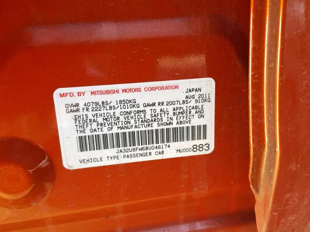 JA32U8FW6BU046174 - 2011 MITSUBISHI LANCER GTS ORANGE photo 10