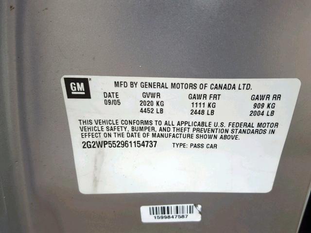 2G2WP552961154737 - 2006 PONTIAC GRAND PRIX SILVER photo 10