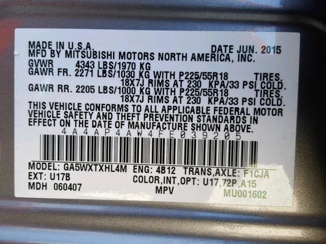 4A4AP4AW4FE039205 - 2015 MITSUBISHI OUTLANDER SILVER photo 10