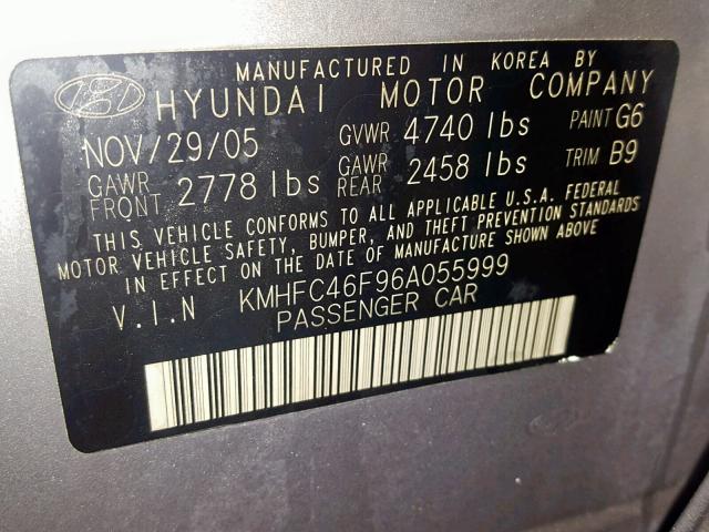 KMHFC46F96A055999 - 2006 HYUNDAI AZERA SE GRAY photo 10