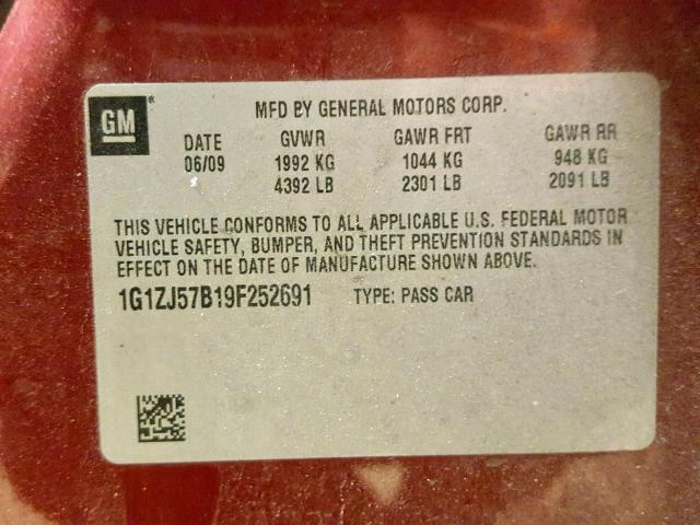 1G1ZJ57B19F252691 - 2009 CHEVROLET MALIBU 2LT BURGUNDY photo 10