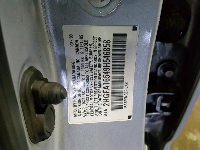 2HGFA16549H546858 - 2009 HONDA CIVIC LX SILVER photo 10