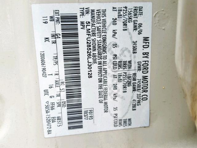 5LMFU28526LJ30128 - 2006 LINCOLN NAVIGATOR 奶油色 照片 10