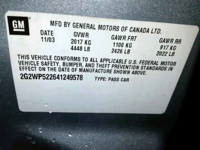 2G2WP522641249578 - 2004 PONTIAC GRAND PRIX SILVER photo 10