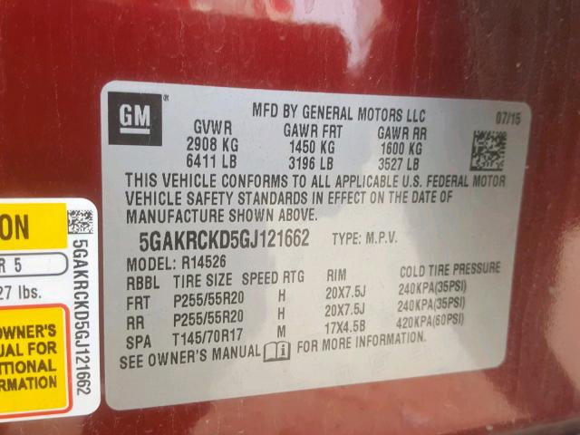 5GAKRCKD5GJ121662 - 2016 BUICK ENCLAVE 栗色 照片 10