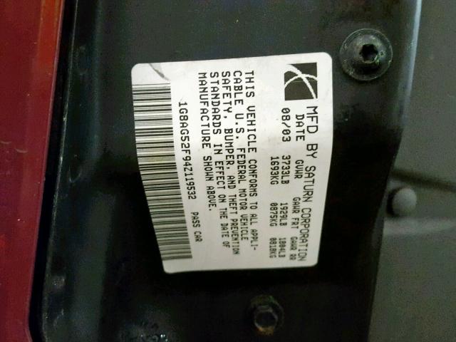 1G8AG52F94Z119532 - 2004 SATURN ION LEVEL MAROON photo 10