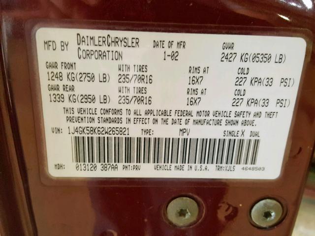 1J4GK58K62W265821 - 2002 JEEP LIBERTY LI 栗色 照片 10